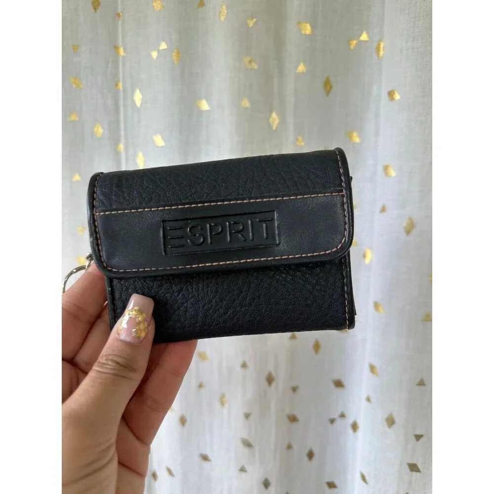 Vintage Esprit Black Faux Textured Leather Mini Zipper ID Pocket Wallet Key Ring